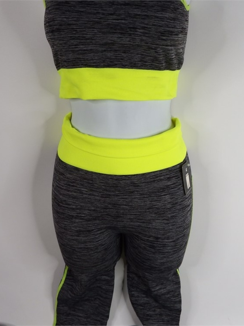 Neon Yellow & Charcoal Heather Women's Active Crop Top and Capri Set - Picture 7 of 8
